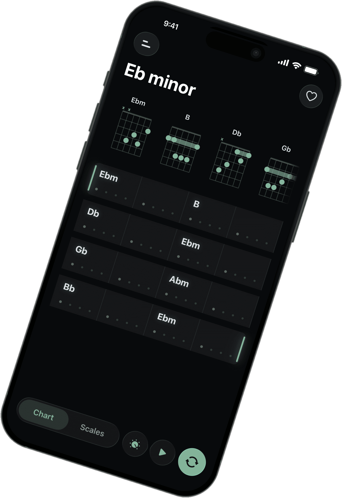 Jamerator chart view showing chord diagrams and a song chart for Eb minor