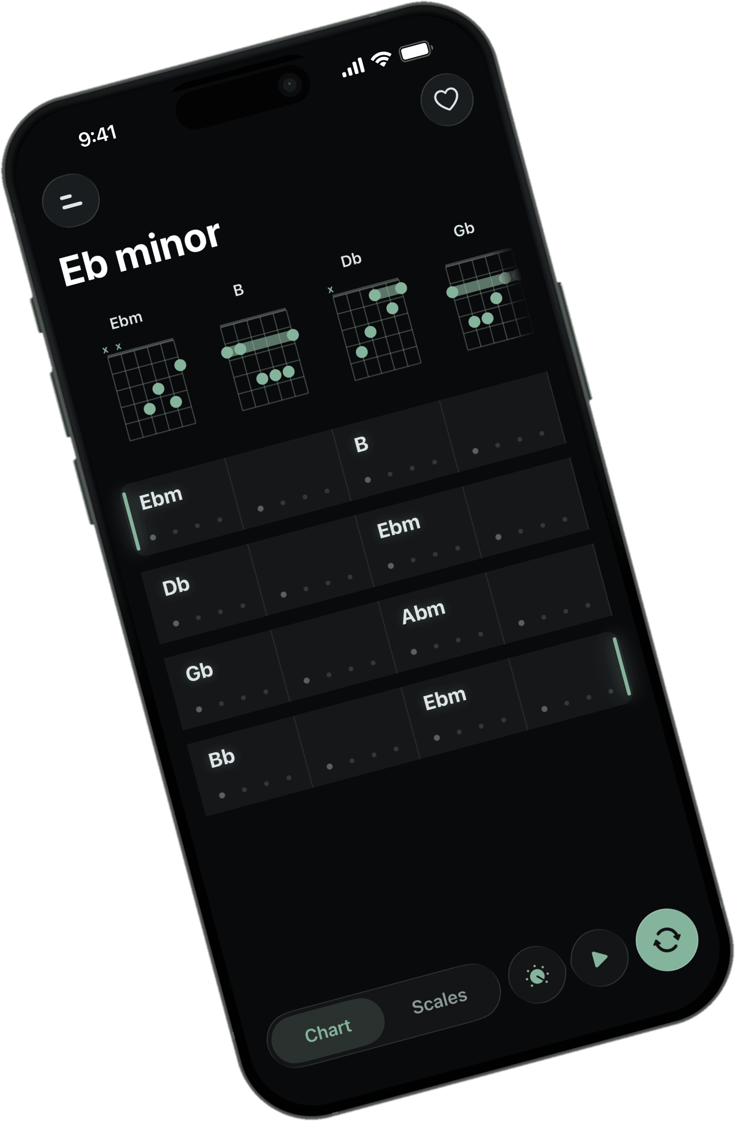 Jamerator generating an Eb minor chord progression with diagrams and a chart