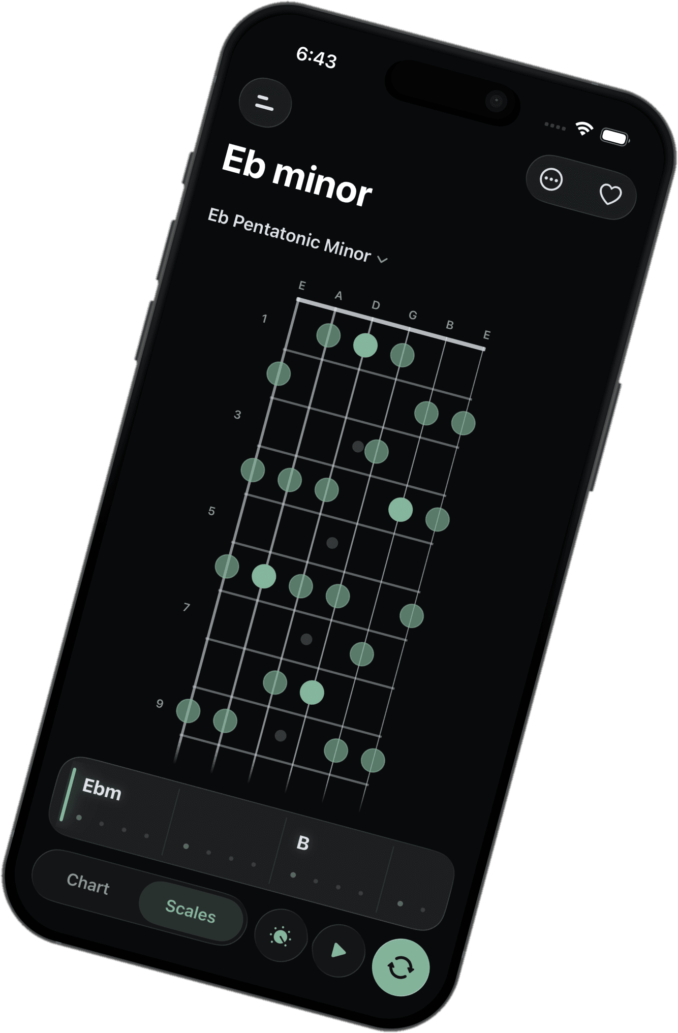Jamerator scales view showing the Eb pentatonic minor scale across the fretboard